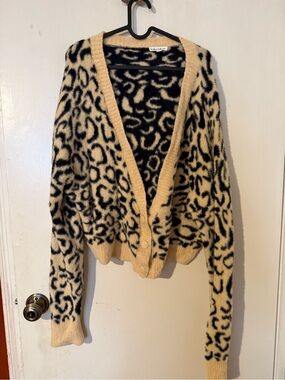For Love & Lemons Leopard Fuzzy Button-Front Cardigan in Cream and Black